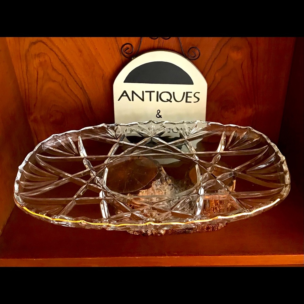 Vintage Heavy Crystal Platter with gold band oblong